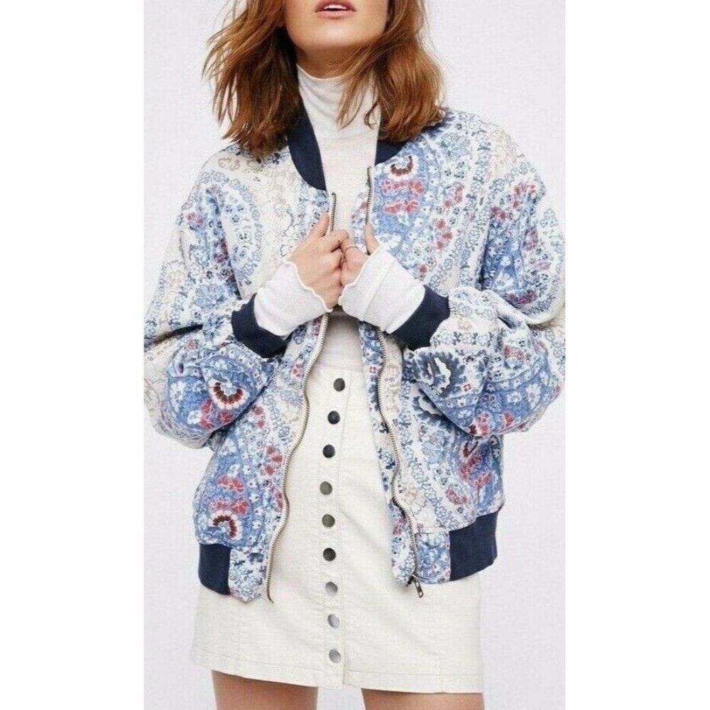 Free People Jacket Printed Paisley Small Cream Blue Red Sporty Tennis Floral
